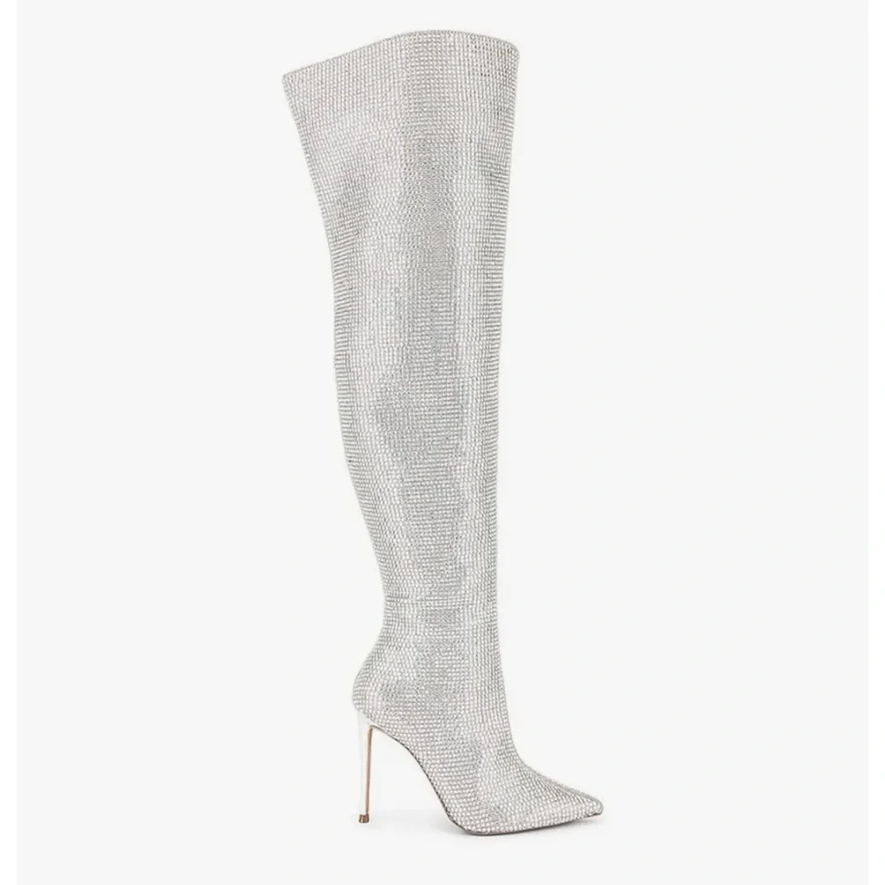 STEVE MADDEN Skyscraper Rhinestone Bling Silver Over The Knee Heels Boots Sz 6.5